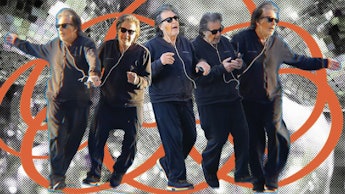 Al Pacino in Beverly Hills collage, where he is wearing a loose, dark outfit, headphones and dancing...