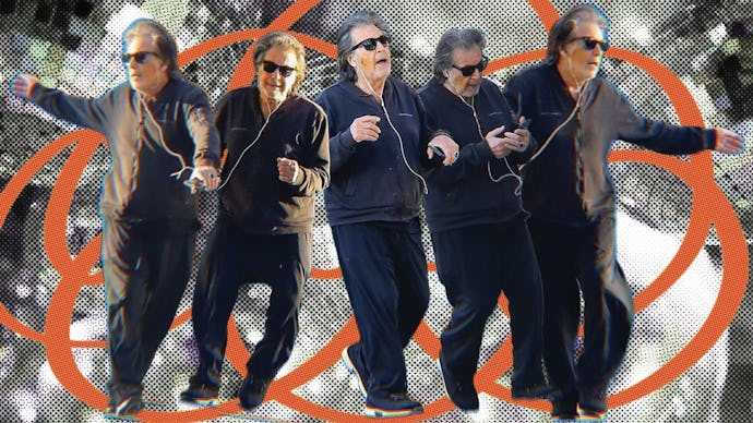 Al Pacino in Beverly Hills collage, where he is wearing a loose, dark outfit, headphones and dancing...