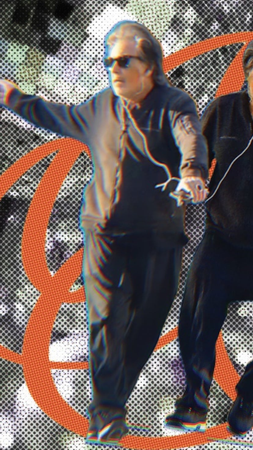 Al Pacino in Beverly Hills collage, where he is wearing a loose, dark outfit, headphones and dancing...