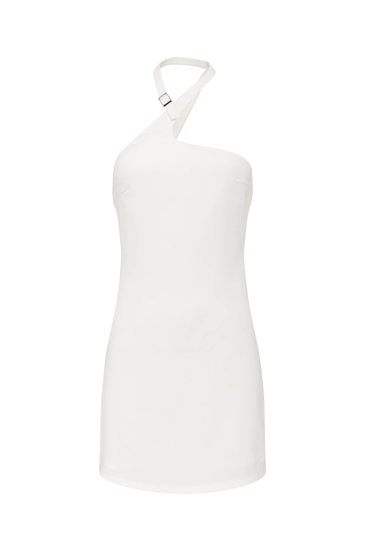 white mini halter dress with buckle detailing