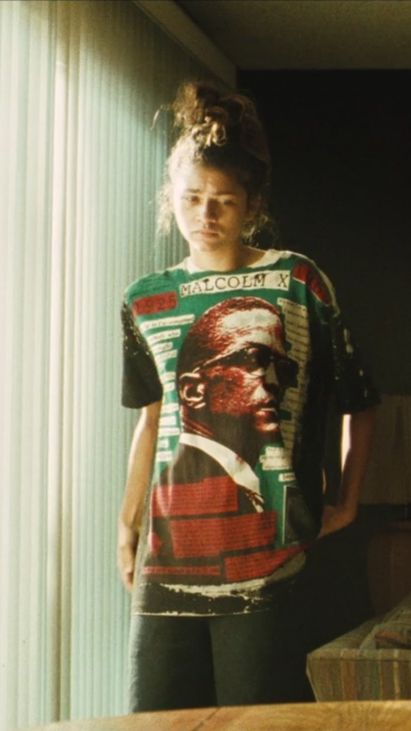 Rue, played by Zendaya, wearing a Malcolm X t-shirt in 'Euphoria' Season 2, Episode 6.