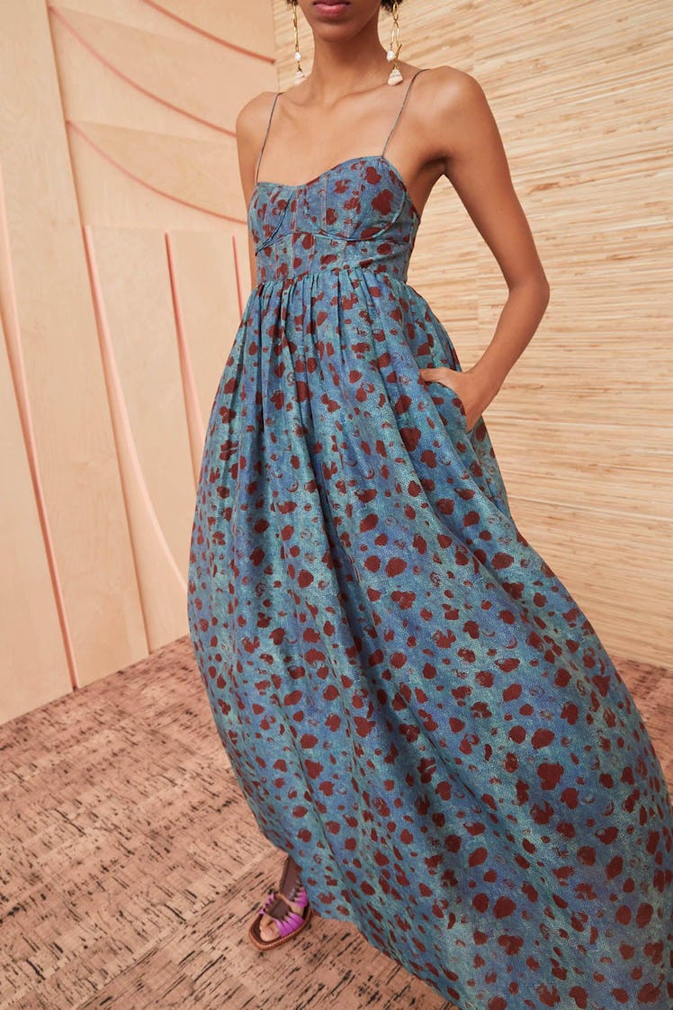 teal printed bustier maxi dress