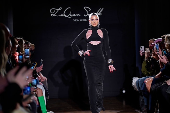 Julia Fox models the LaQuan Smith Fall/Winter 2022 collection at 60 Pine Street during New York Fash...