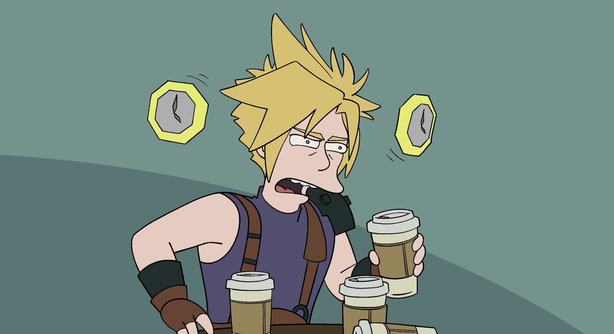 Cloud Strife as coffee-addled Fry from Futurama.