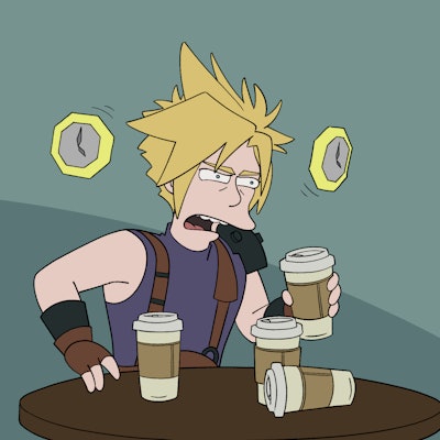 Cloud Strife as coffee-addled Fry from Futurama.