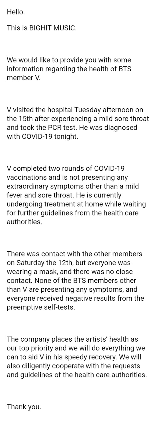 Big Hit Music confirmed BTS' V has tested positive for COVID-19.