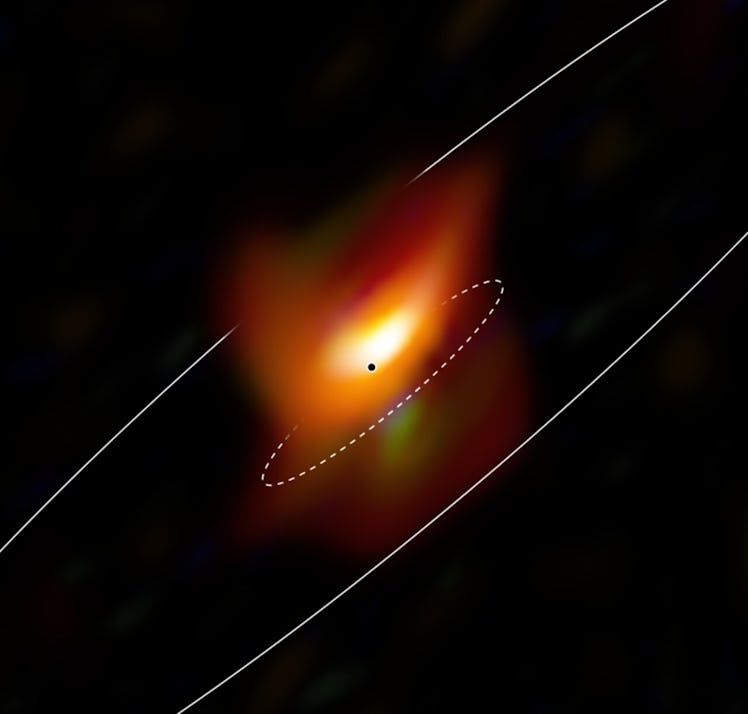 This image, captured with the MATISSE instrument on ESO’s Very Large Telescope Interferometer, shows...