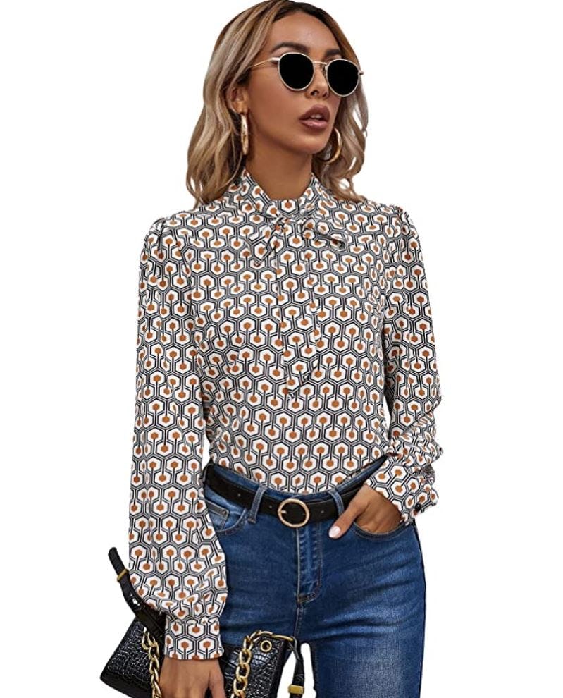 Floerns Bow Tied Neck Lantern Long Sleeve Blouse