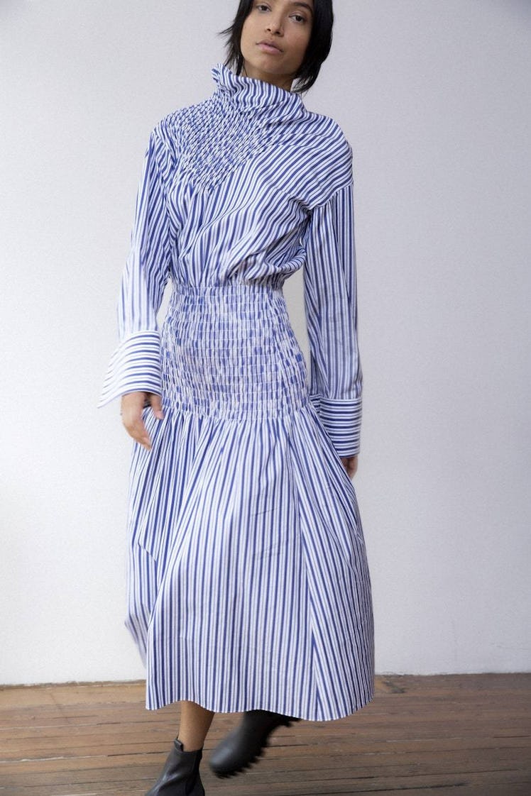 blue and white striped cotton midi dress