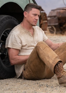 Channing Tatum and a dog named Lulu in a still from the film "Dog"