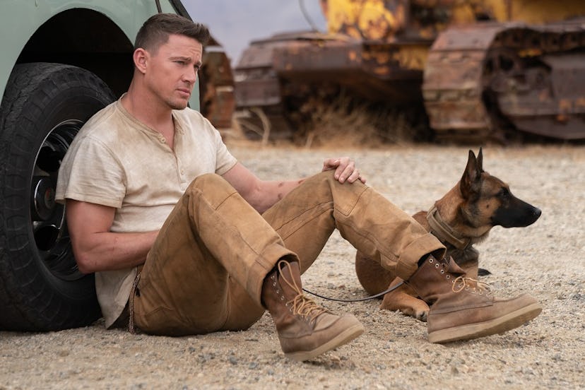 Channing Tatum and a dog named Lulu in a still from the film "Dog"