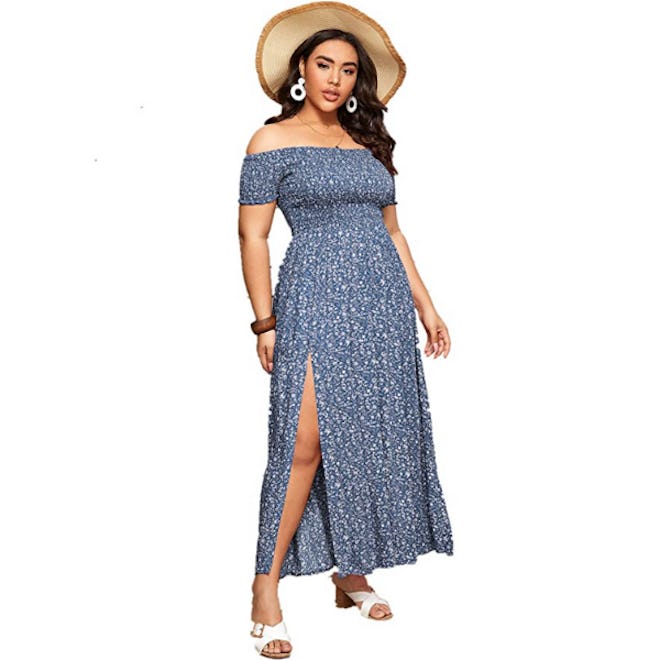 Floerns Off Shoulder Split Long A Line Dress