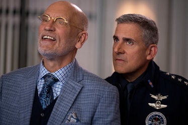 John Malkovich as Dr. Adrian Mallory, Steve Carell as General Mark Naird in Space Force Season 2.