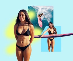 Surfer Makani Adric is seen three times, holding a surfboard and riding a wave.