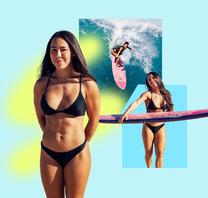 Surfer Makani Adric is seen three times, holding a surfboard and riding a wave.
