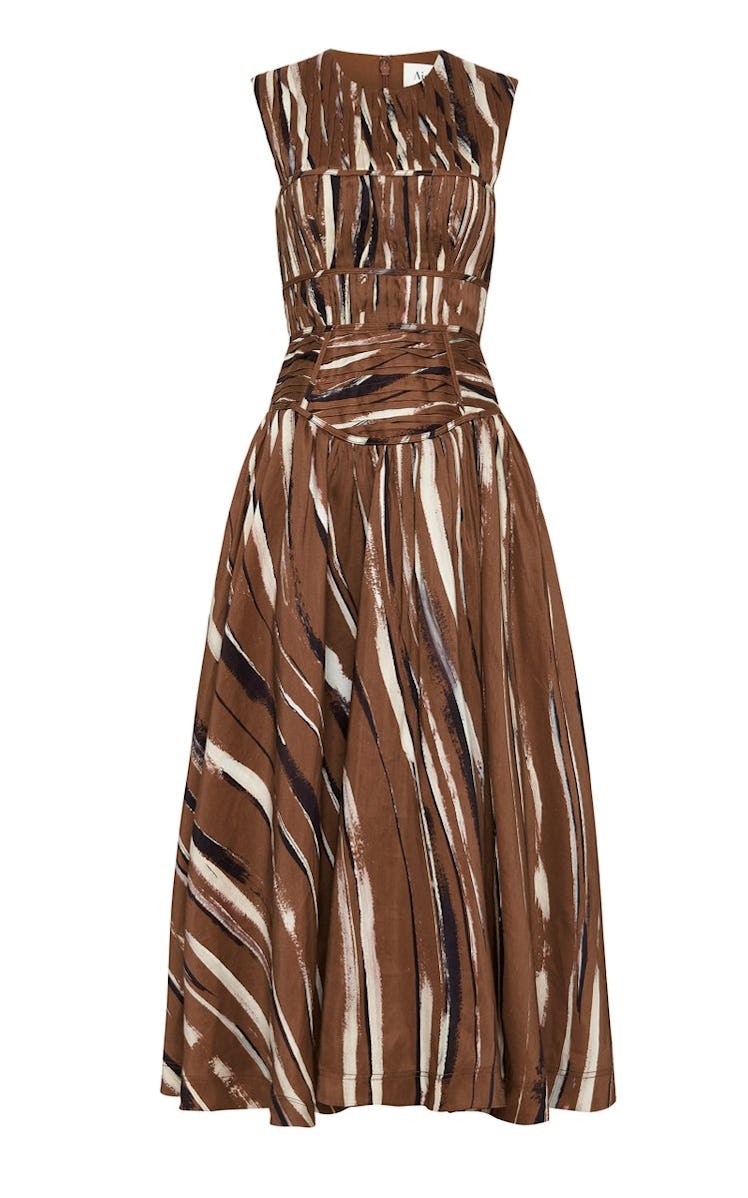 brown printed midi dress