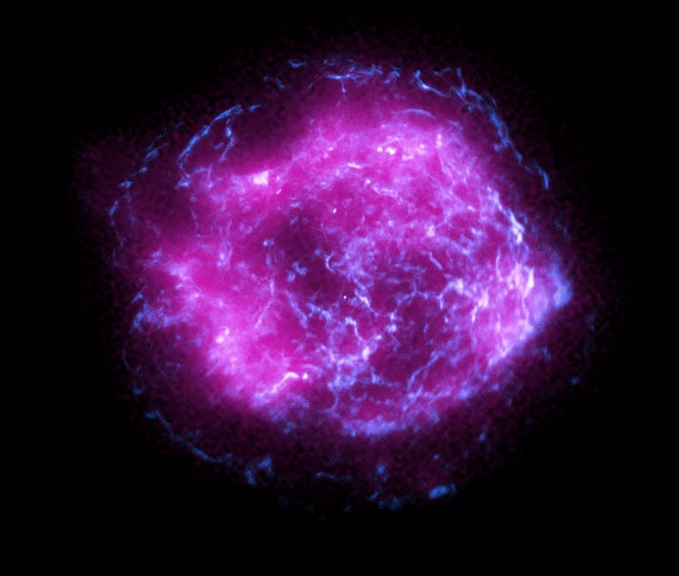 This image of the supernova remnant Cassiopeia A combines some of the first X-ray data collected by ...