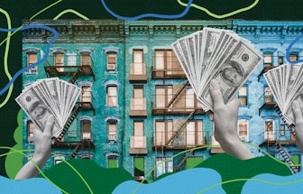 Various hands holding stacks of money with buildings in the background, representing landlords