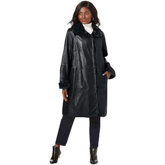 Jessica London Plus Size Fur-Trim Leather Swing Coat