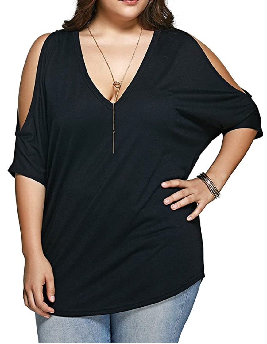 ALLEGRACE V-Neck Sleeve Batwing Cold Shoulder T-Shirt