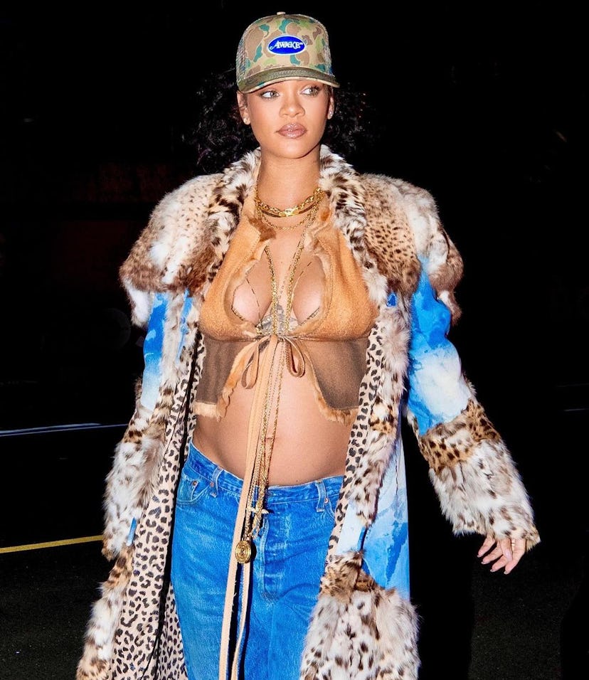 Rihanna pregnant trucker hat and leopard coat