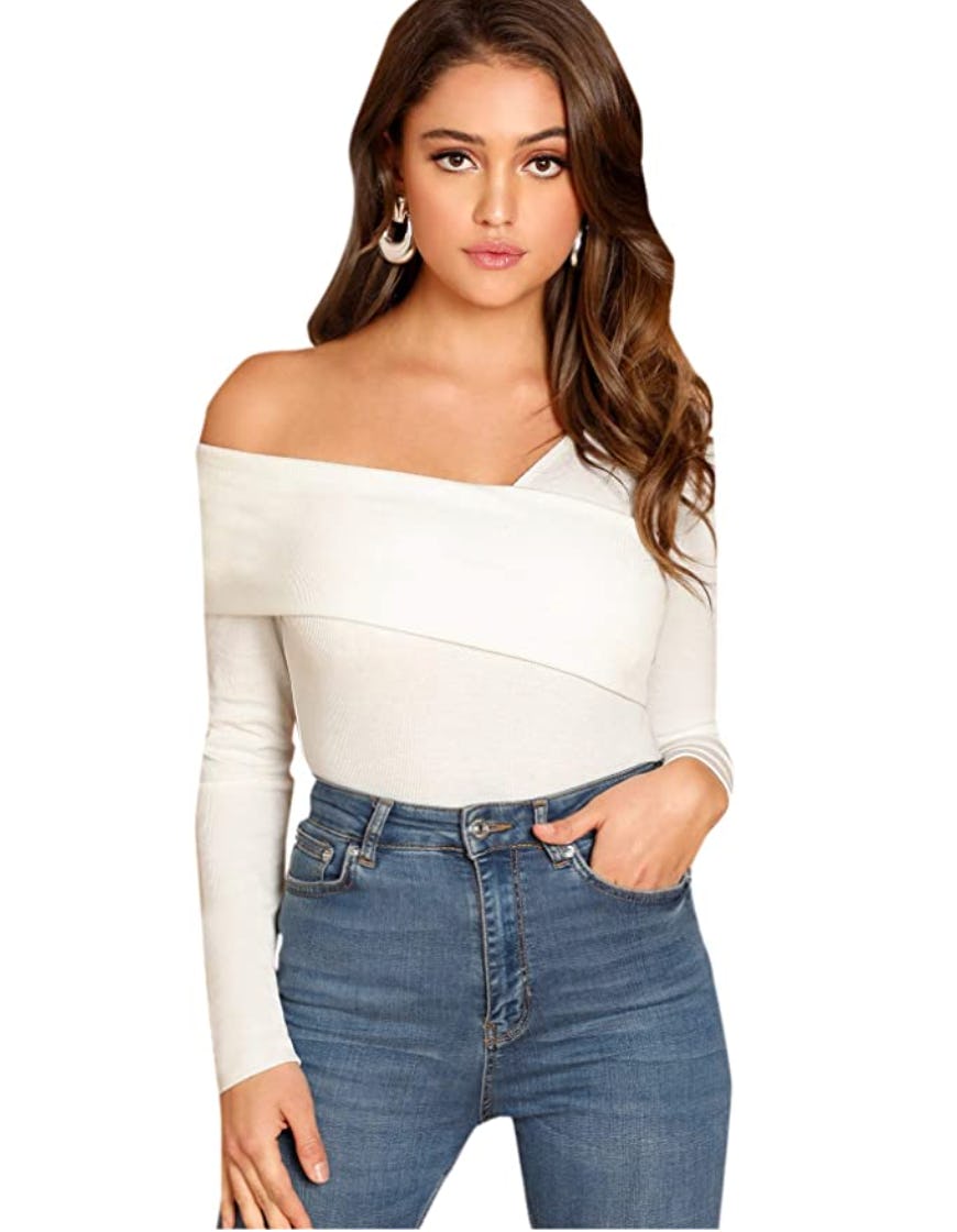 Romwe Faux-Wrap Off-Shoulder Sweater