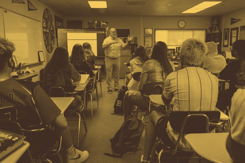 A teacher standing in front of a high school history class in Weaverville, California, in 2020.