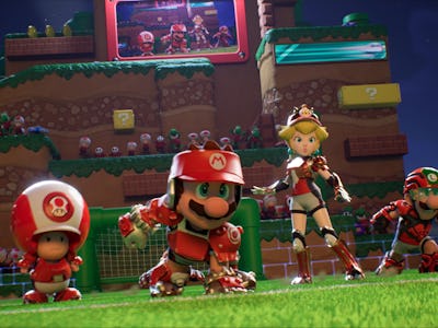 screenshot from mario strikers battle league trailer showing Toad, Mario, Rosalina, and Luigi lined ...