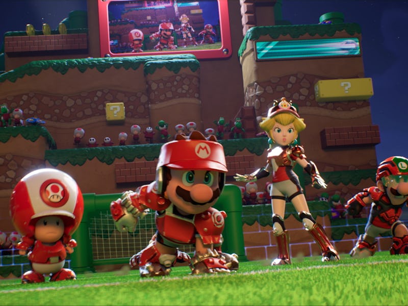 screenshot from mario strikers battle league trailer showing Toad, Mario, Rosalina, and Luigi lined ...