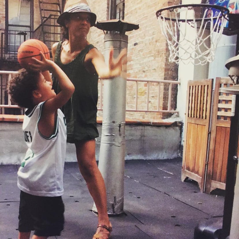 Rebecca and her son play basketball