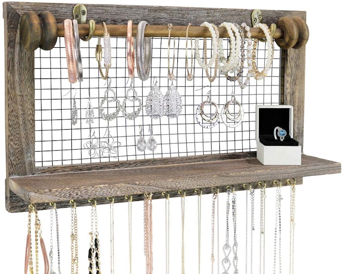Greenco Rustic Wooden Wall Mount Jewelry Organizer