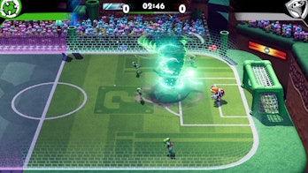 screenshot of Mario Strikers Battle League gameplay showing Luigi's Hyper Strike tornado