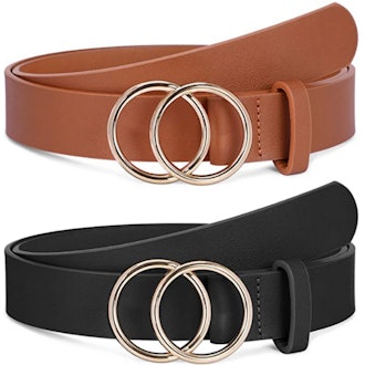SANSTHS Faux Leather Belts with Double O-Ring Buckle (2-Pack)