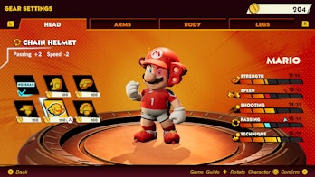 screenshot of Mario's gear upgrade screen in Mario Strikers Battle League