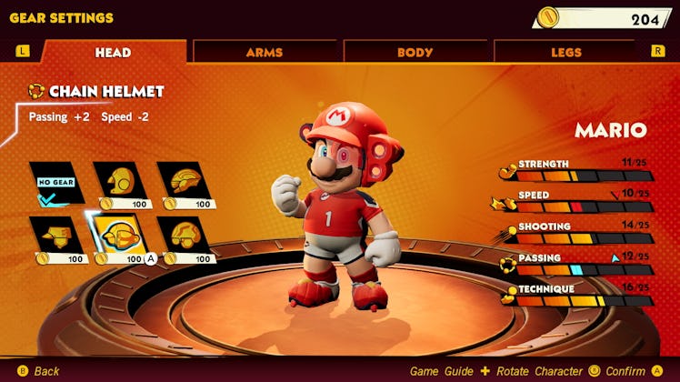 screenshot of Mario's gear upgrade screen in Mario Strikers Battle League