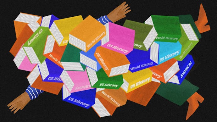 An illustration of a person, covered with different history books, world or US history written on th...