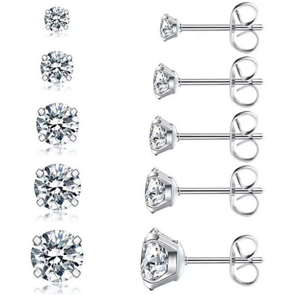 Wssxc Cubic Zirconia Stainless Steel Stud Earrings (5 Pairs)