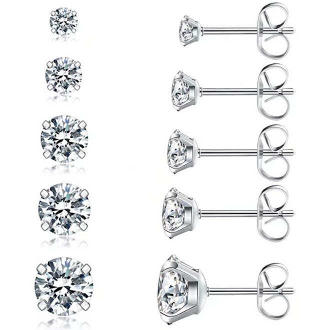 Wssxc Cubic Zirconia Stainless Steel Stud Earrings (5 Pairs)