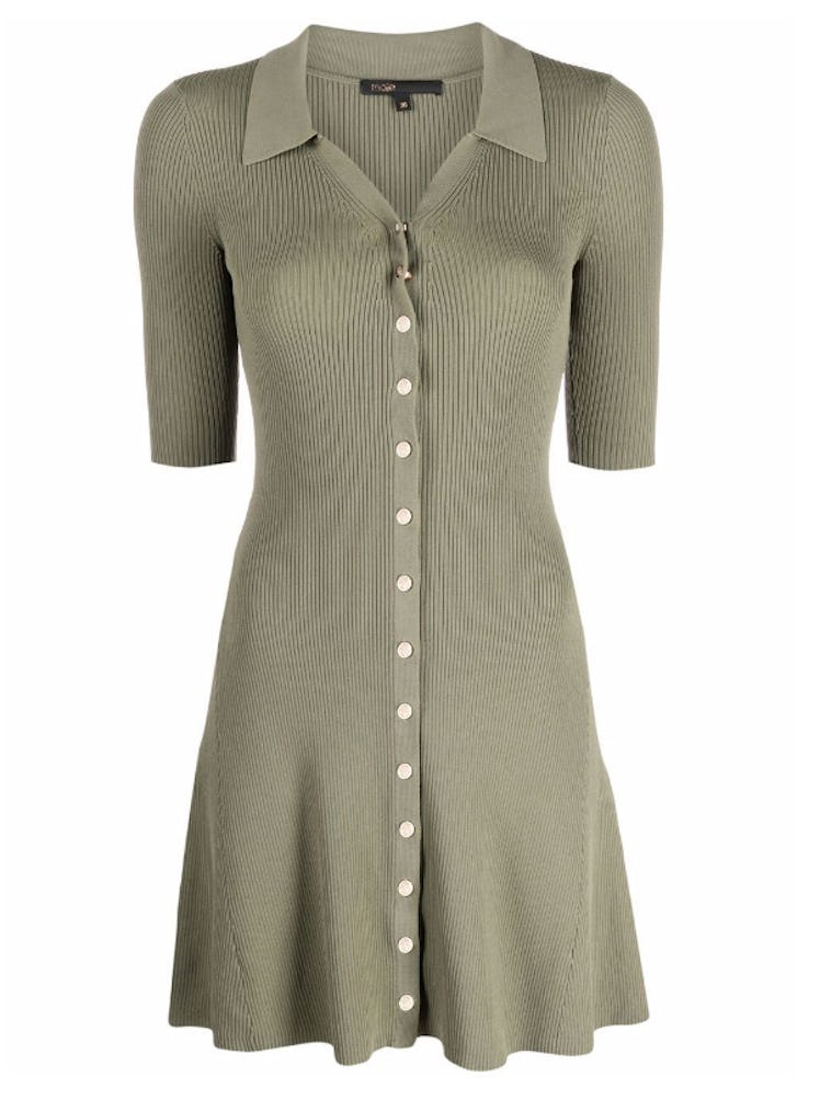 Maje's Button-Up Ribbed Shirt Dress in green. 