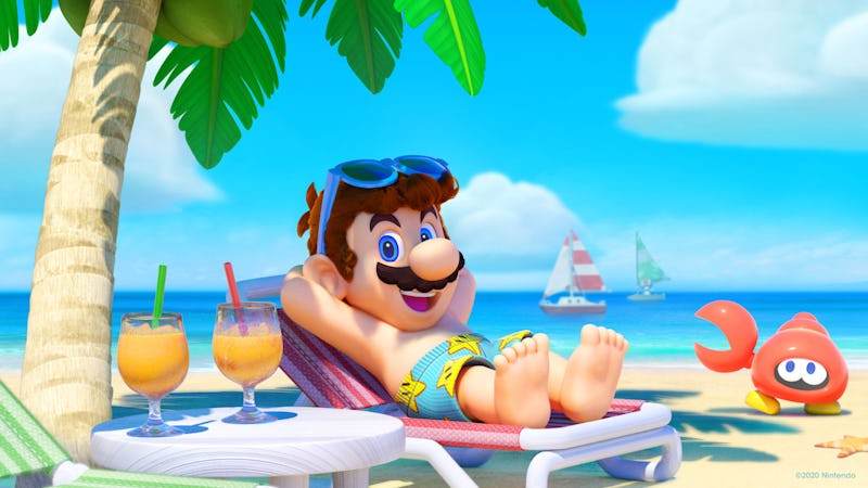 Super Mario from Nintendo lying on a lounge chair on a beach with two drinks next to him