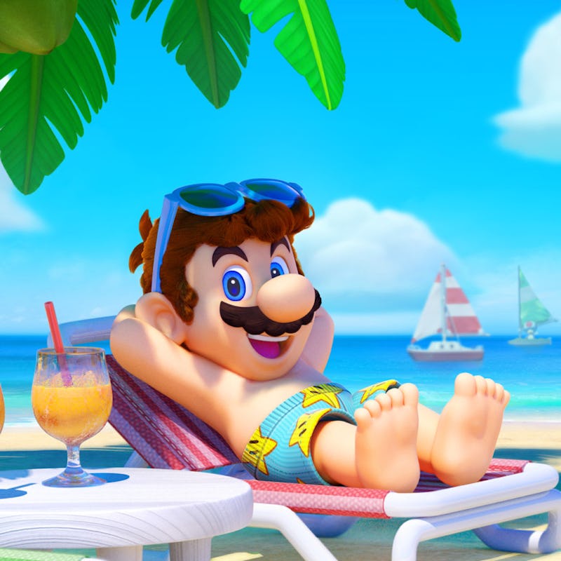 Super Mario from Nintendo lying on a lounge chair on a beach with two drinks next to him