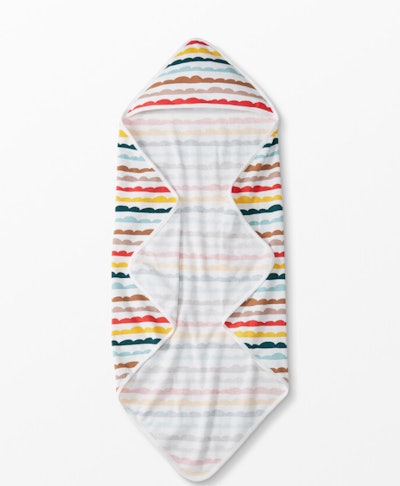 Flat lay of hooded towel with multi-colored stripes