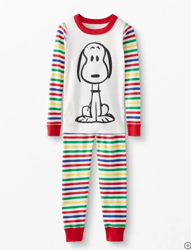 Flat lay of long john-style pjs with Snoopy