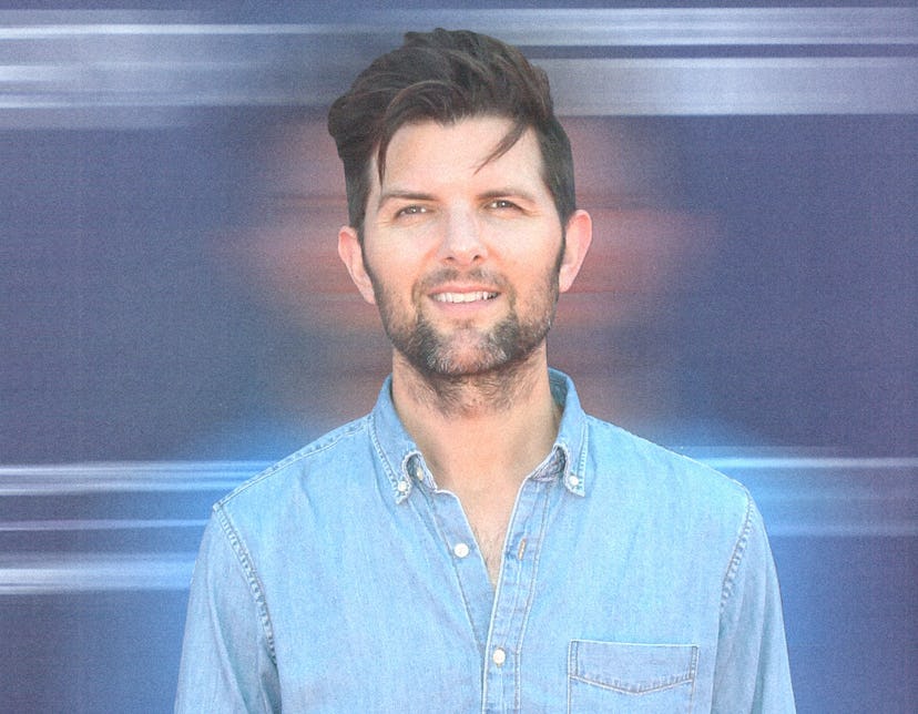 adam scott wearing blue denim shirt