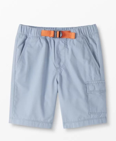 Flat lay of light blue shorts