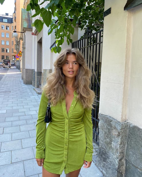 Matilda Djerf wearing a mini lime green button-up shirt dress