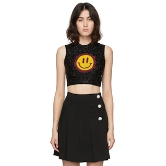 Ganni Smiley-Patch Sleeveless Crop Top In 099 Black