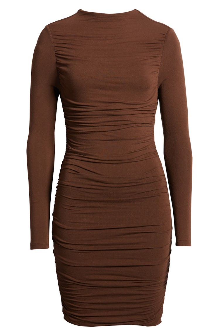 long sleeve ruched cutout back brown mini dress
