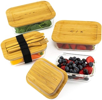 Gramercy Kitchen Company Glass Food Storage Containers with Bamboo Lids & Cutlery (Set of 4)