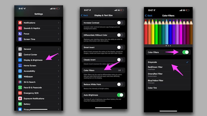 You can quickly grayscale your iPhone display by turning on a color filter under your “Accessibility...